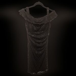 R&M Richards Black Sequin Off Shoulder Cinch Formal Dress Size 6